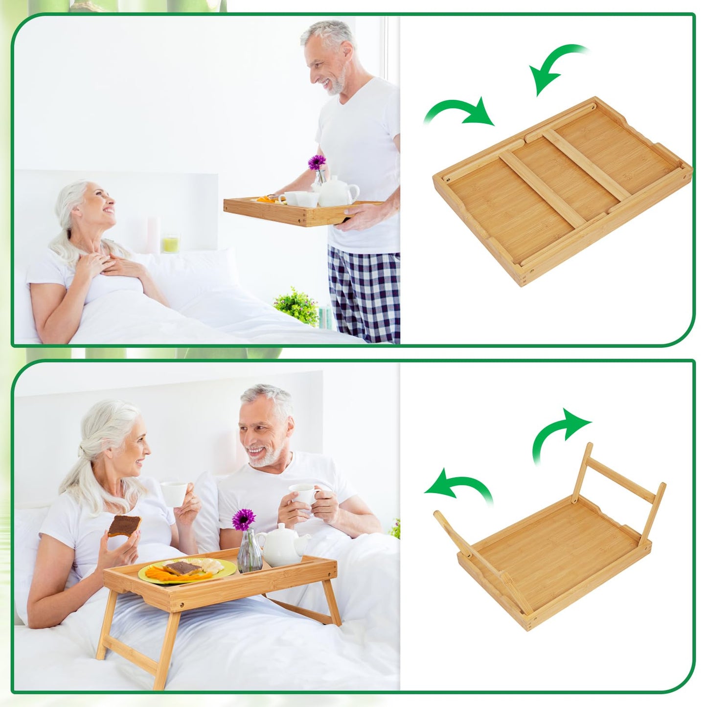 Bed Tray Table with Handles Folding Legs, Bamboo Breakfast Food Tray with Media Slot, Use As Platter, Laptop Desk, Snack, TV Tray Kitchen Serving Tray(Bamboo Medium)