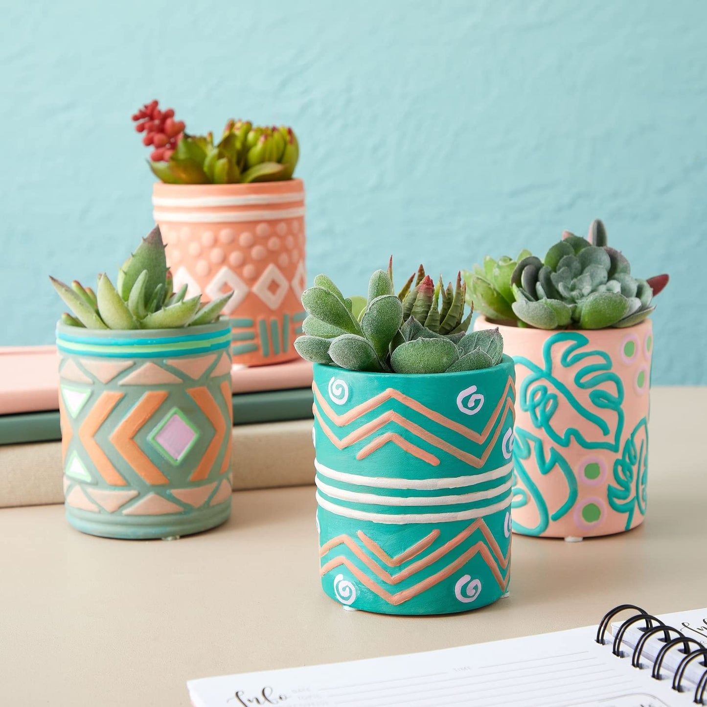 Bright Creations - Themed Designs, Unpainted Flower Pots with Drainage Holes, Rubber Plugs, and Small Sticker Pads (3x3x4 inches, White) - Set of 4