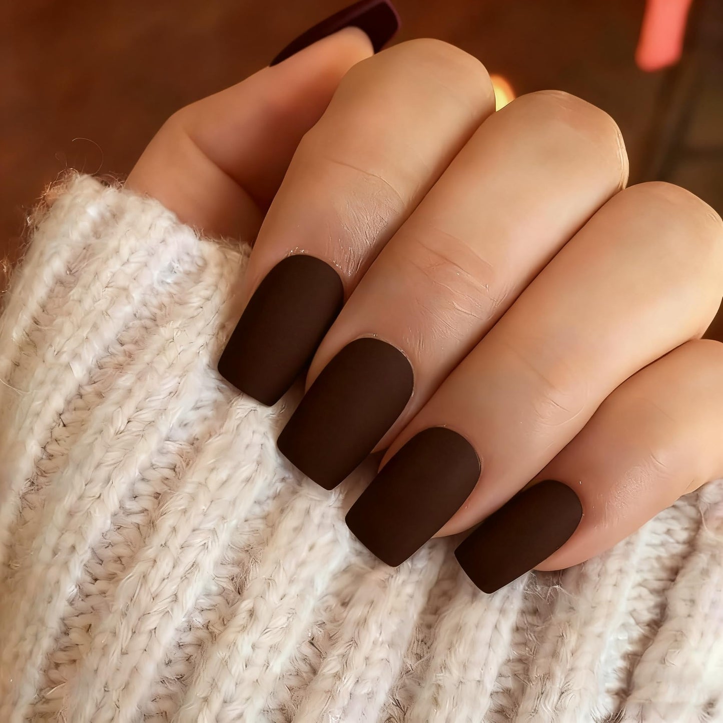 KQueenest Matte Dark brown Press on Nails Short Medium Square Glue on Nails Set Solid Color Fake Nails Short Coffin Acrylic Nails Press on Gel Nails for Women Fall Winter in 24 Pcs