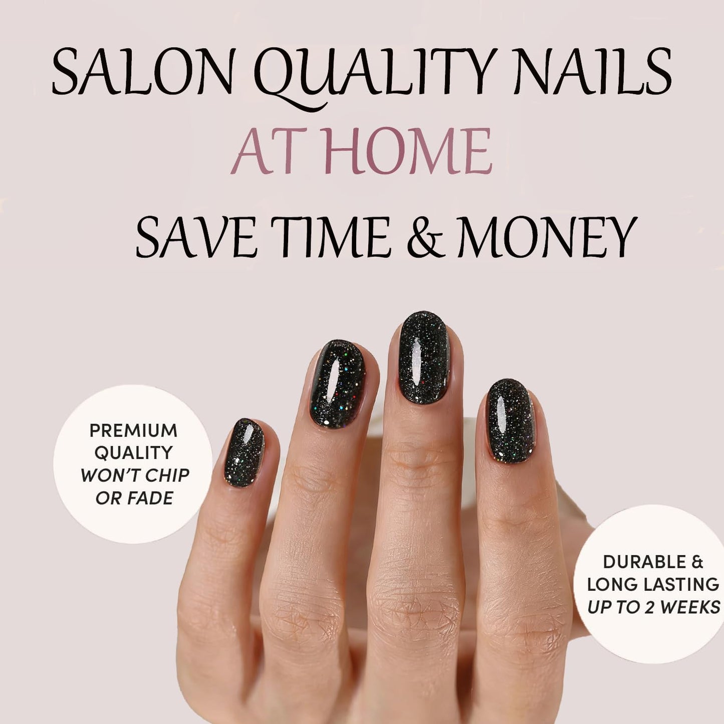 Black Press On Nails Oval Glitter -Short Press On Nails with Nail Glue, Fit Perfectly & Natural Reusable Stick On Nails in 12 Sizes - 24PCS Soft Gel Glue On Nails Kit