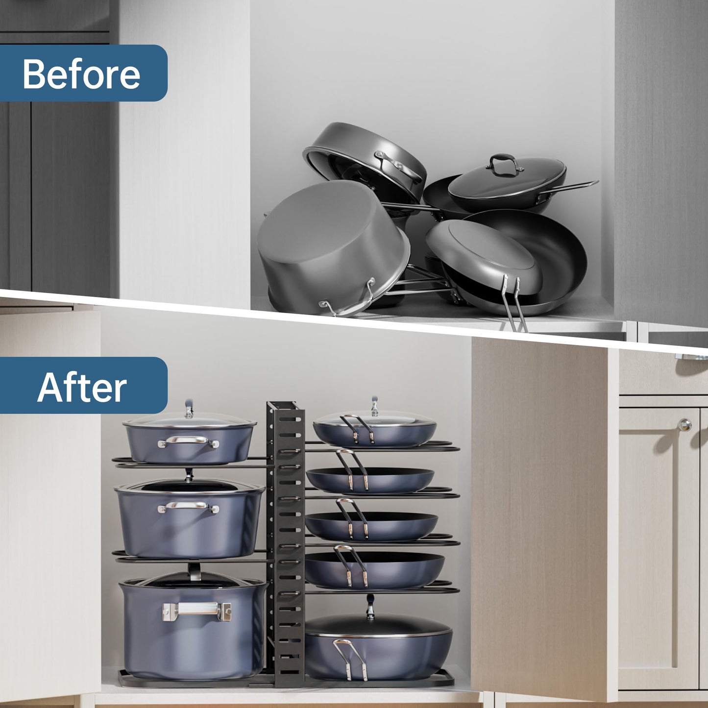 ORDORA Pots and Pans Organizer under Cabinet 14.55 Height, Adjustable 8-Tier Pot Organizers inside Cabinet, Kitchen Organizers and Storage Fit 6-11 inch Lightweight Cookware