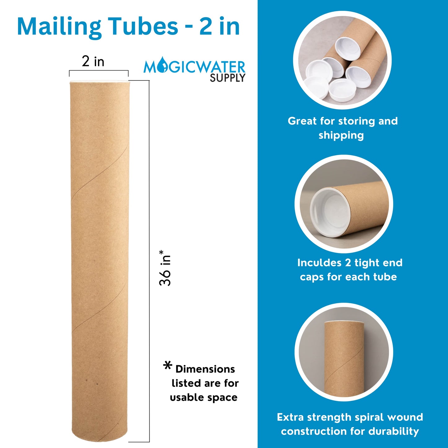 MagicWater Supply Mailing Tube - 2 in x 36 in - Kraft - 6 Pack - for Shipping and Storage of Posters, Arts, Crafts, and Documents