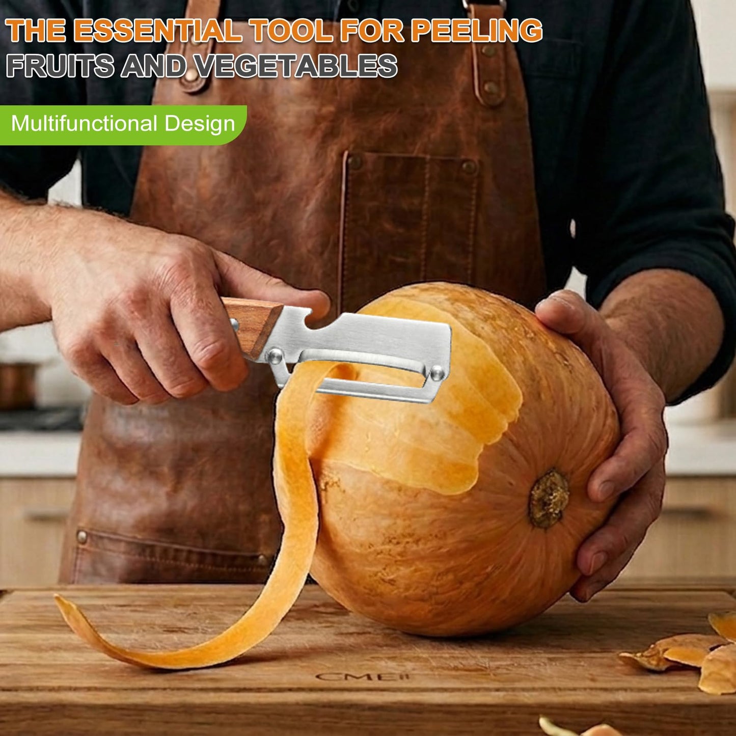 Multi Functional Vegetable Peeler with Wooden Handle and Bottle Opener, Stainless Steel Kitchen Peeler Tool for Potato Apple Pumpkin Papaya, Premium Single Blade Food Peelers (2pcs)
