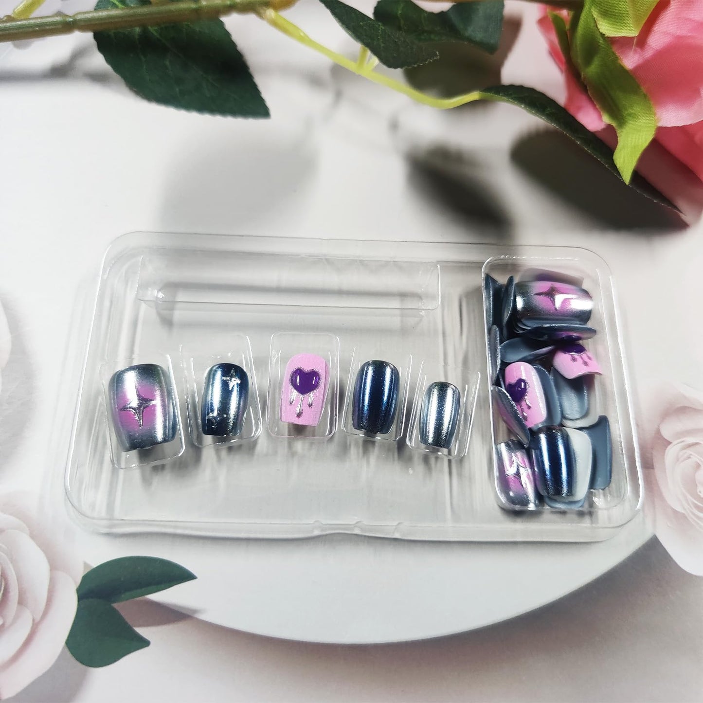 30Pcs Valentines Press on Nails Glossy Blue Aurora Powder Stick on Fingernails 3D Love Heart Acrylic Fake Nail Start Gel Glue on Nail Pink Gradient Short Square False Nails for Women Valentine's Gift