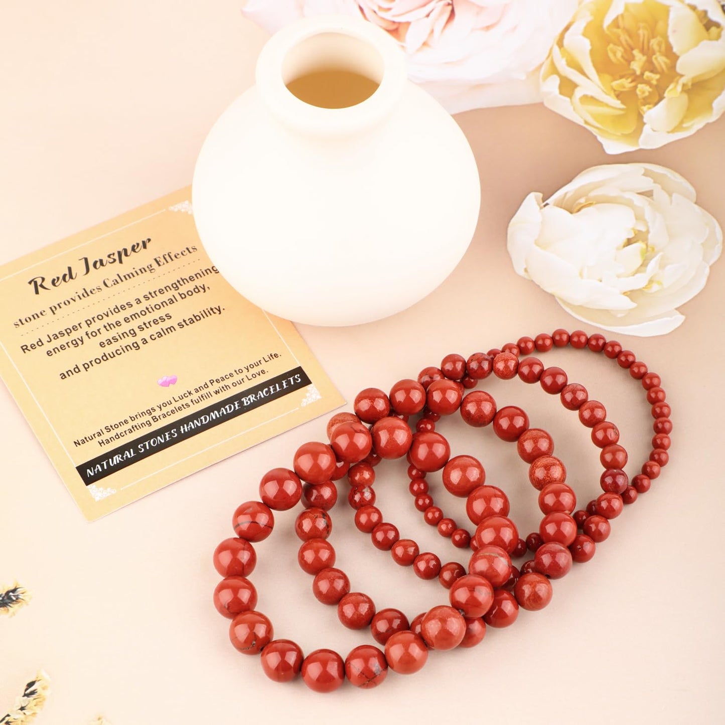 AD Beads 8mm Handmade Red Jasper Elastic Bracelet – Natural Gemstone for Stone provides Calming Effects – Meditation, Yoga, Healing and Energy Gift for Men Women