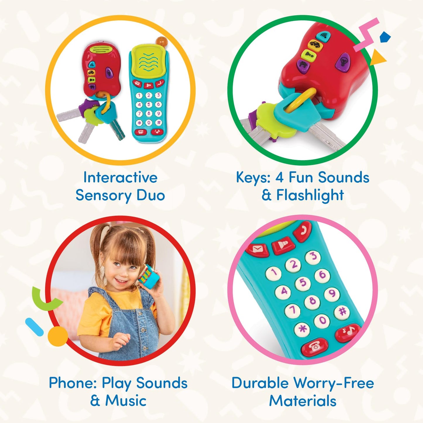 Battat – Sensory Toys – Pretend Phone & Keychain – Toddler Light – Up Toy Car Keys – 10+ Months+ - Light & Sound