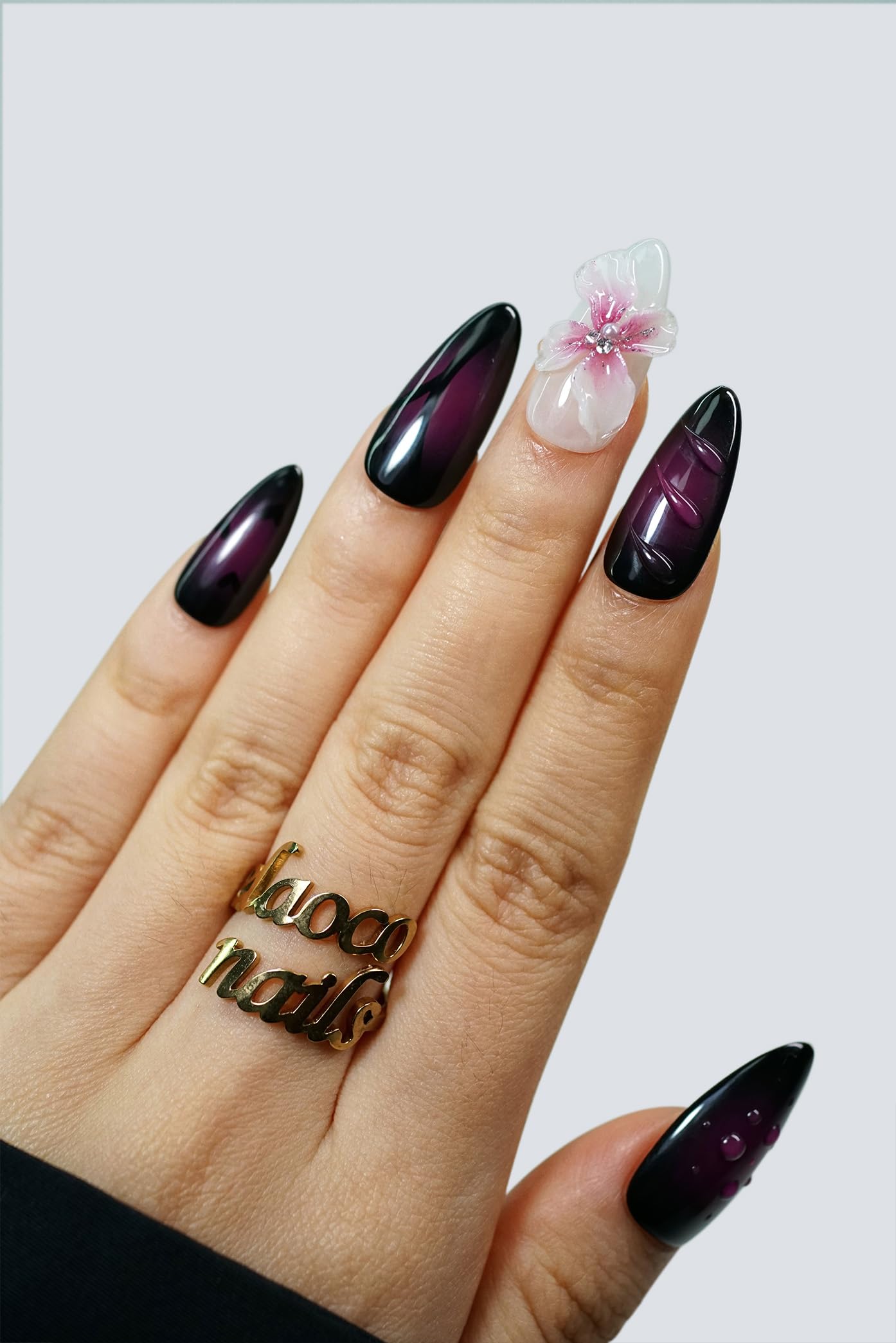 Nelaoco 10PCS Handmade Press On Nails REUSABLE 3D Gel Fake Nails Acrylic Slim Natural Profile Glassy Shine & Detail-Focused Finish (Midnight Dahlia Black - M)