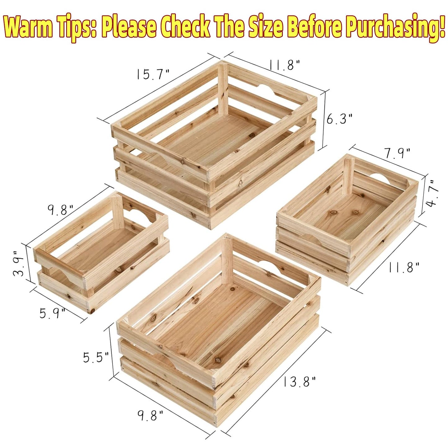 UPPER DECOR Large Wooden Crates Unfinished Set of 4 Decorative Storage Box with Handles, Rustic Farmhouse Wooden Crates for Display, Living Room Container Basket Box for Kitchen, Pantry, Bedroom