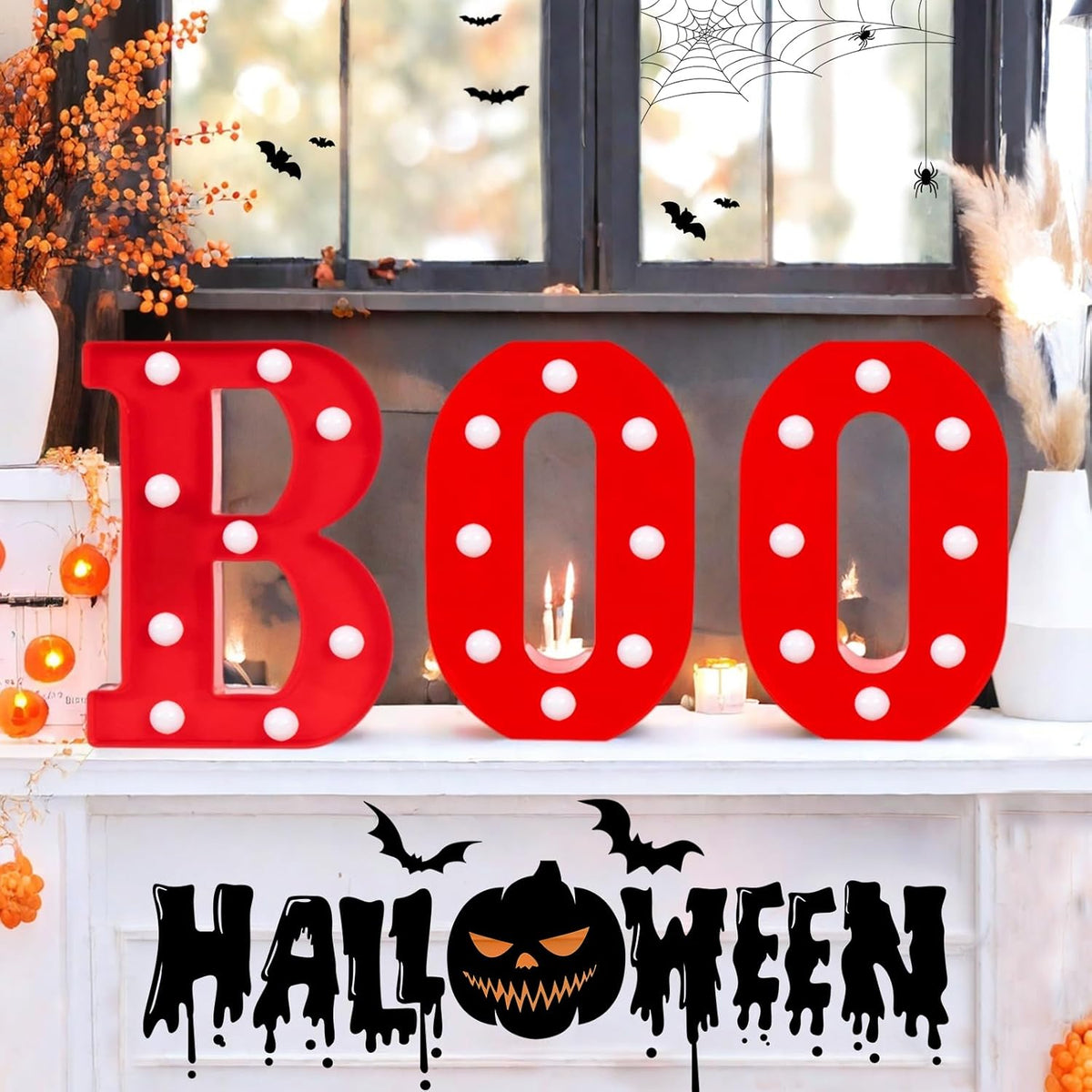 Halloween Decorations, "BOO" Light Up Sign, LED Marquee Light Up Letters, Halloween Decor Indoor for Kitchen, Bedroom, Party, Tabletop