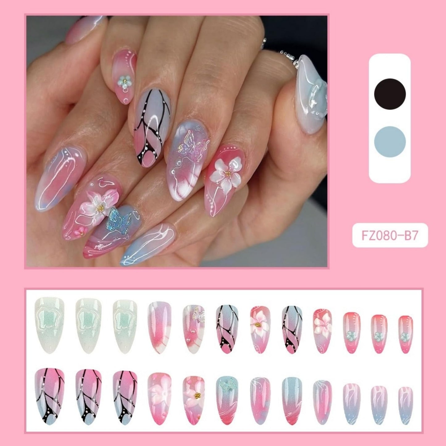Short Press on Nails Almond Fake Nails Ombre False Nails Cute Artificial Nails with 3D Flora and Butterfly Designs Acrylic Nail Press ons Pink Flowers Stick on Nails for Women 24pcs