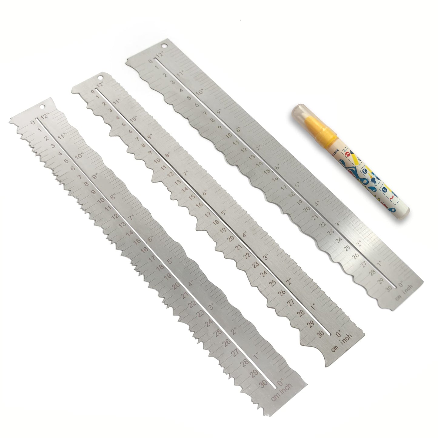 UPTTHOW 3PCS Stainless Steel Metal Paper Tearing Ruler Craft Ruler for Cutting Paper to Wavy Line Jagged and Irregular Edges 12'' Measuring Tool for Engineering School Office Architect and Drawing