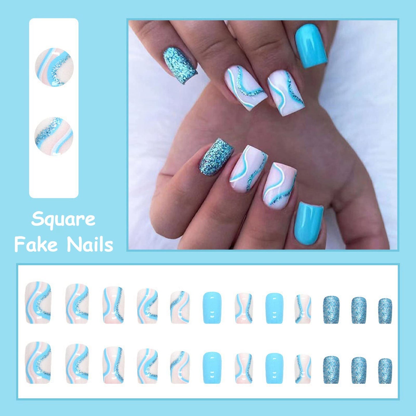 MISUD Press on Nails - Short Square Fake Nails with Summer Blue Swirl, Acrylic Bling Glitter Design 24 pcs