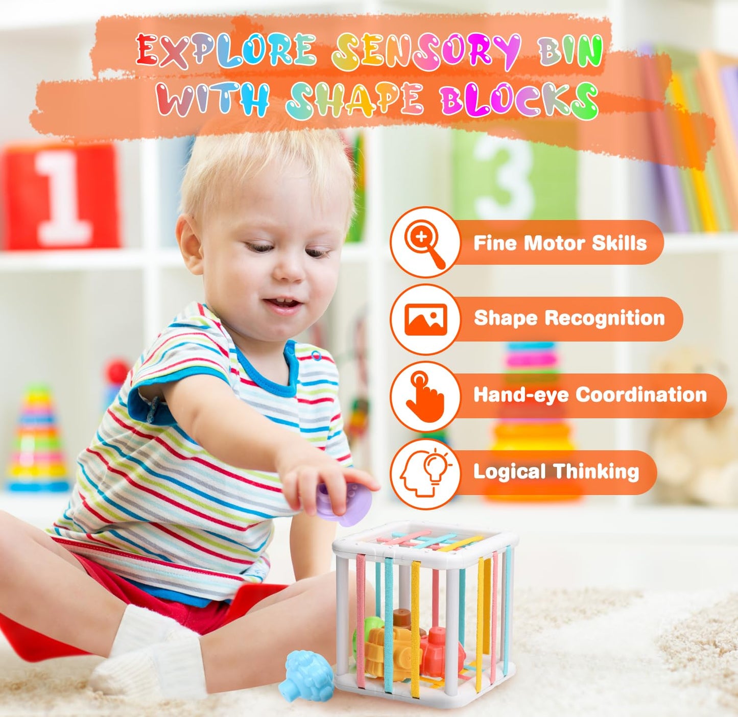 Baby Toys 6 to12 Months, 7 in-1 Montessori Toy for 6-9-12-18 Month Old with Pull String Toy, Sensory Bin Toys, Stacking Baby Blocks & Soft Infant Ring & Sensory Ball, Stacking Cups for Toddler 1-3Gift