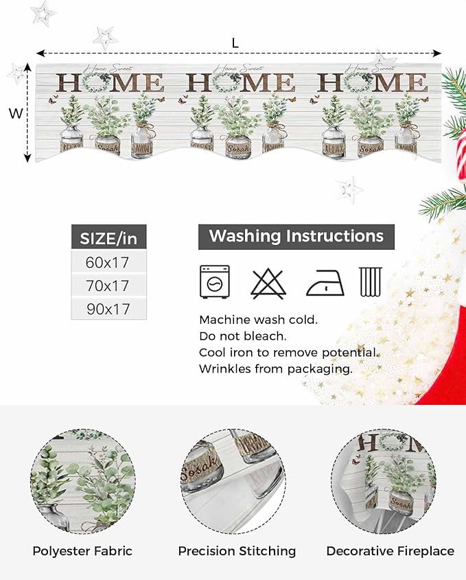 Eucalyptus Leaves Fireplace Mantel Scarf Table Runner, Farmhouse Botanical Plants Wooden Grain Winter Garland Mantel Top Tablerunners Dresser Scarves Decor for Windows Party Living Room 90''x17''