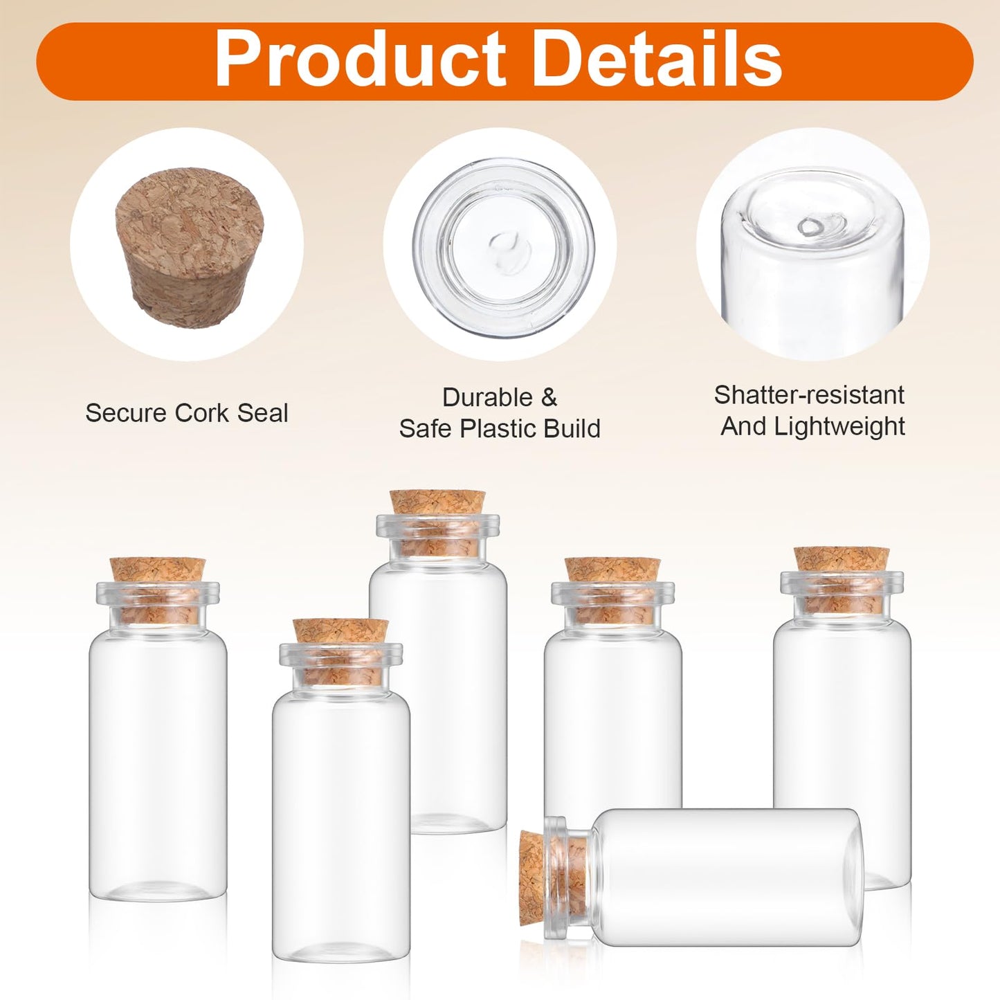 xozeooeu 120 Pack 10ml Mini Plastic Bottles with Cork Stoppers, Small Empty Clear Plastic Jars for DIY Crafts, Wedding Favors, Spice & Sample Containers, Party Decor