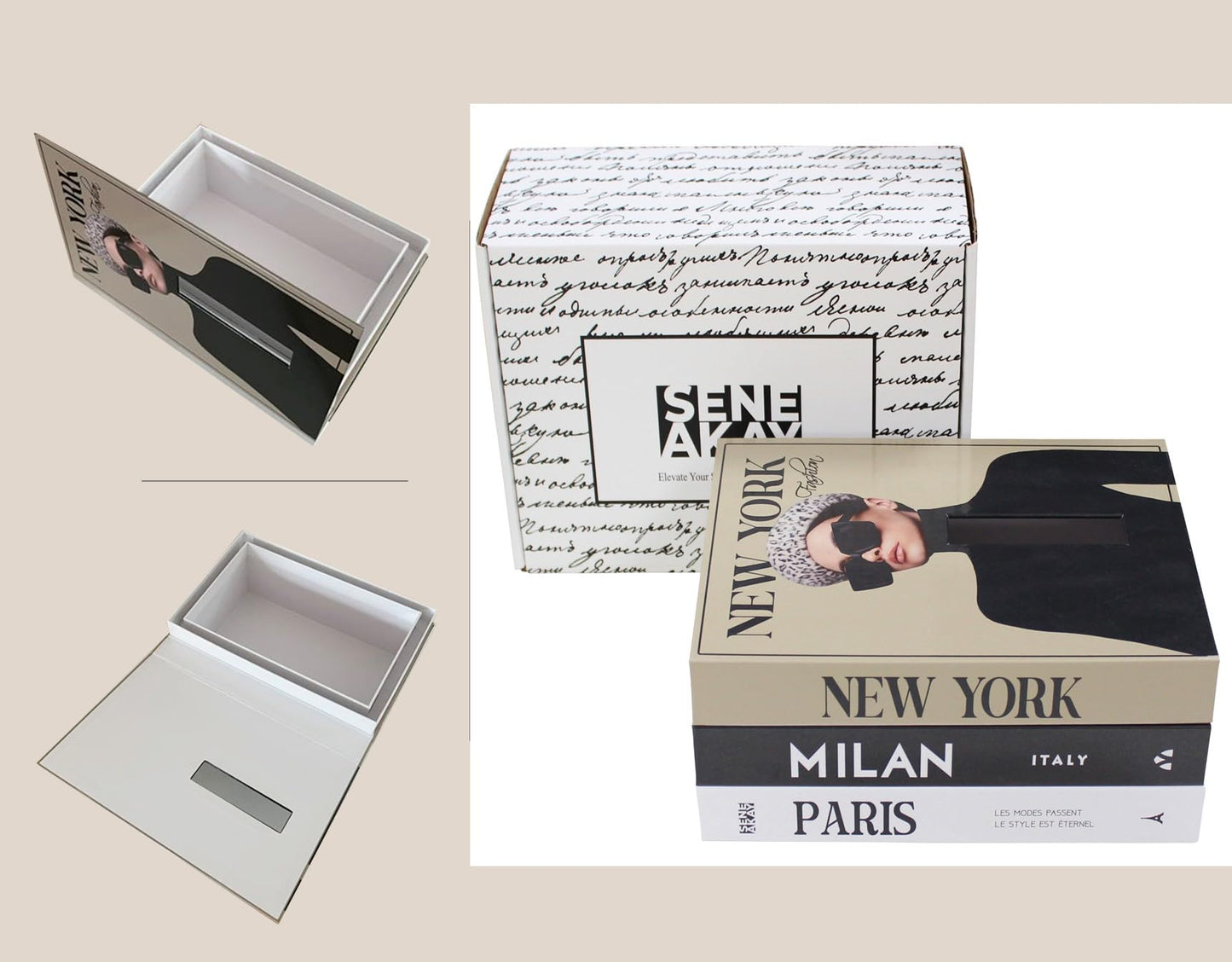 Senea Kay Rectangular Tissue Box Cover - Decorative Faux Book Tissue Box Cover, Rectangule Tissue Holder Dispenser Large Enough to Fit Rectangular Tissue Boxes Chic Modern Decor (Khaki Neutral)