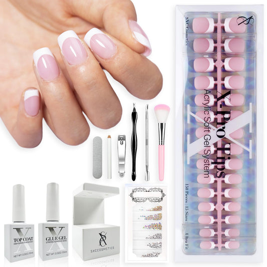 SXC Cosmetics French Tip Press On Nails – Red Series, Short Coffin, X-Pro Tips Starter Kit | 160PCS, 16 Sizes, 5 Styles, Beginner-Friendly