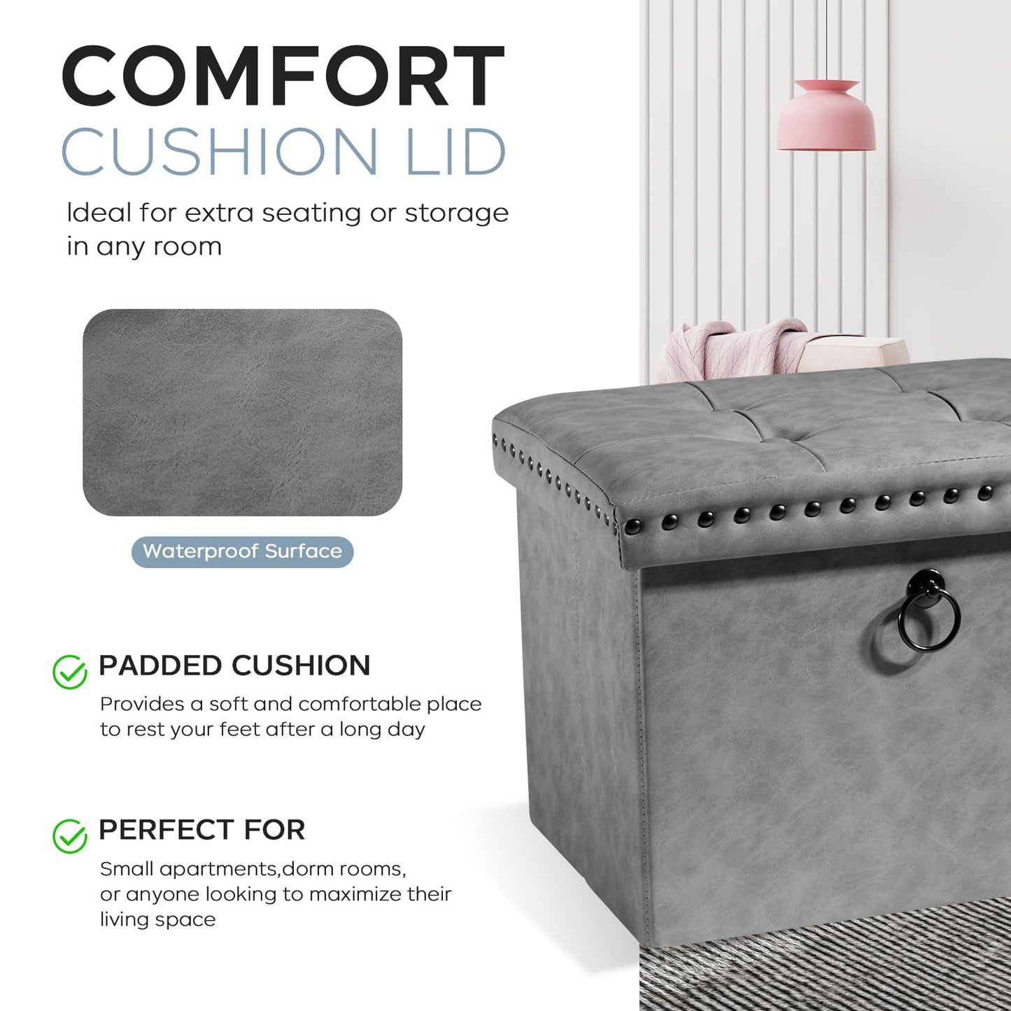 oakvivo Storage Ottoman Cube 16x12x12 inches, Small Faux Leather Tuffed Foot Rest Stool with Rivet Design, Foldable Ottomans Footstool, Box Chest for Bedroom, Entryway, Load 242 lb, Grey