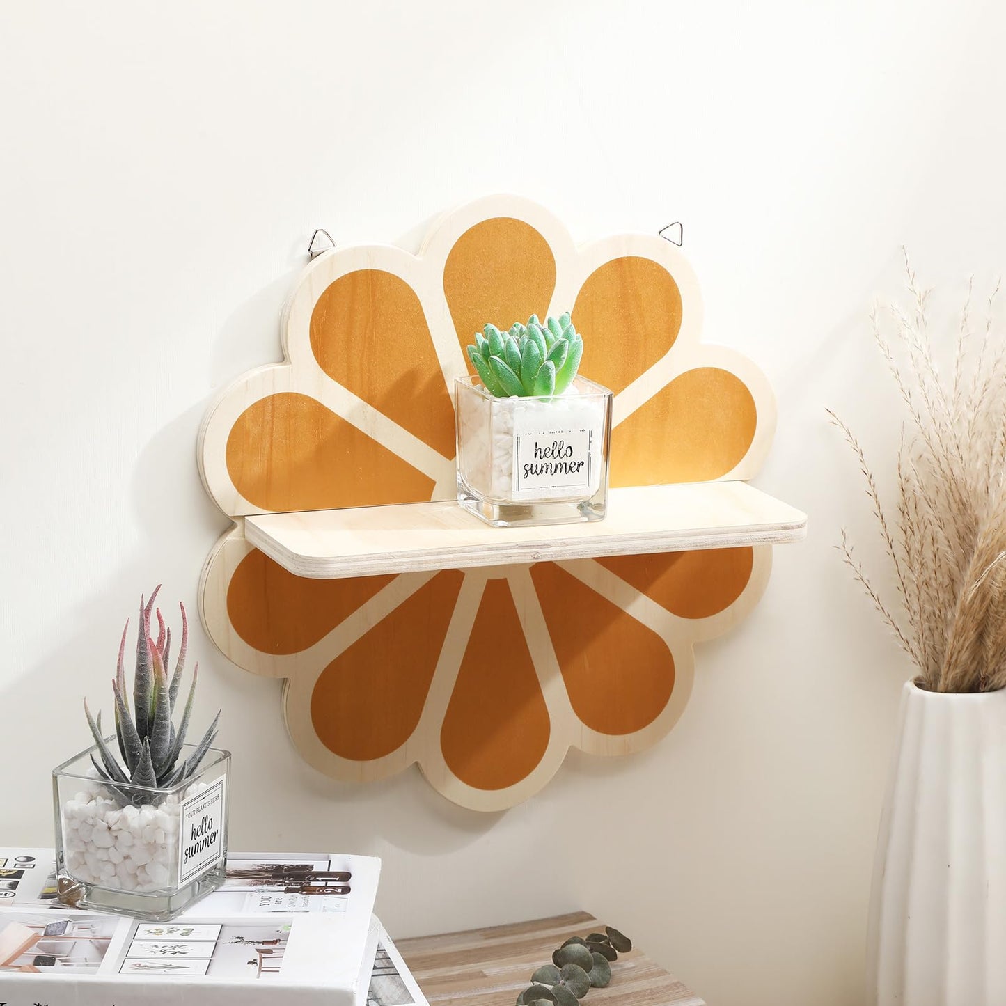 Tatuo 2 Pieces Boho Wooden Flower Wall Shelves Bohemian Holders Hanging Shelf for Living Room Bathroom Bedroom Office Nursery Wall Decor
