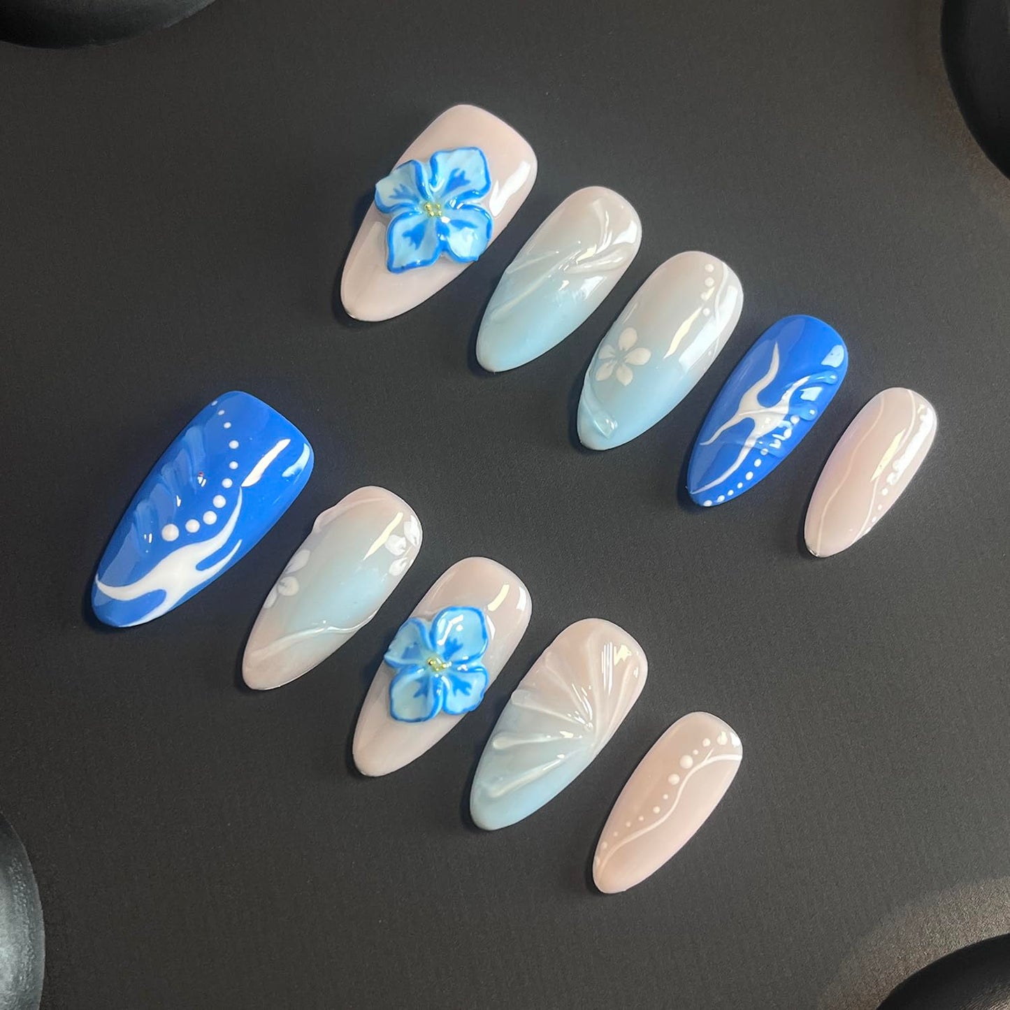 Luxury Press on Nails Medium Almond Handmade 3D Unique Reusable ABS Material Fake Nails Blue False Nails with Designs Blue White Flower Art Petal Glossy Thick Acrylic Nails(S)