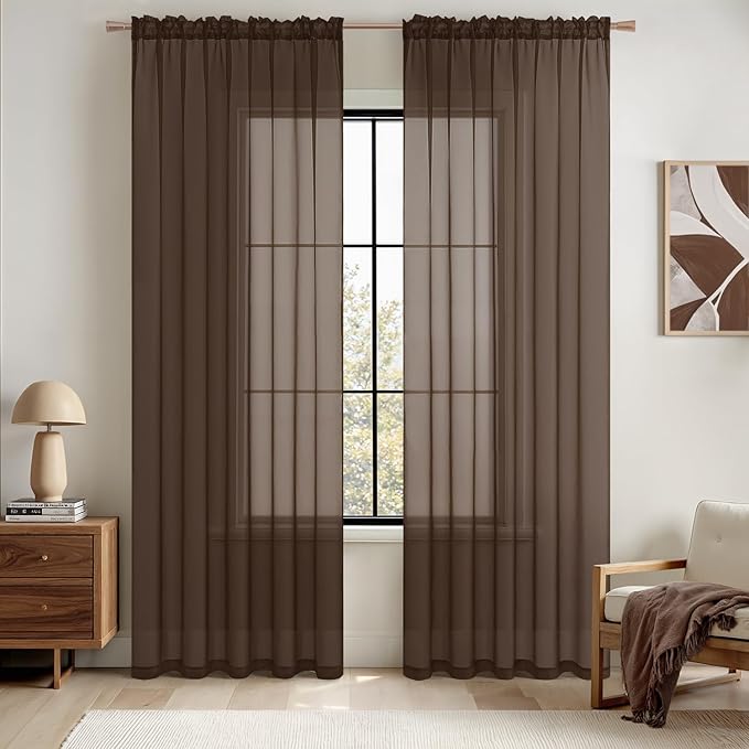 MIULEE Chocolate Brown Sheer Curtains 90 Inches Long 2 Panels, Light Filtering Voile Drapes with Rod Pocket for Bedroom and Living Room Windows