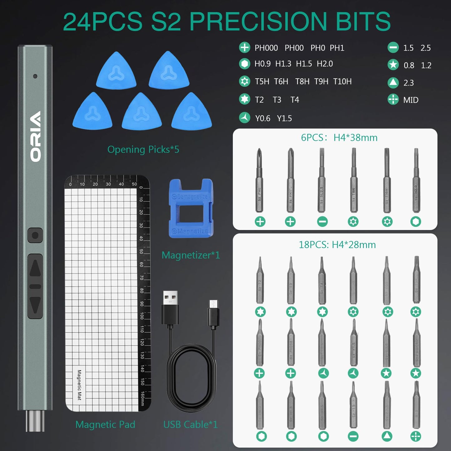 ORIA Electric Screwdriver Set, 33 in 1 Precision Screwdriver Set, Rechargeable Mini Electric Screwdriver, Portable Repair Tool Kit, LED Lights for Electronics Phone PC