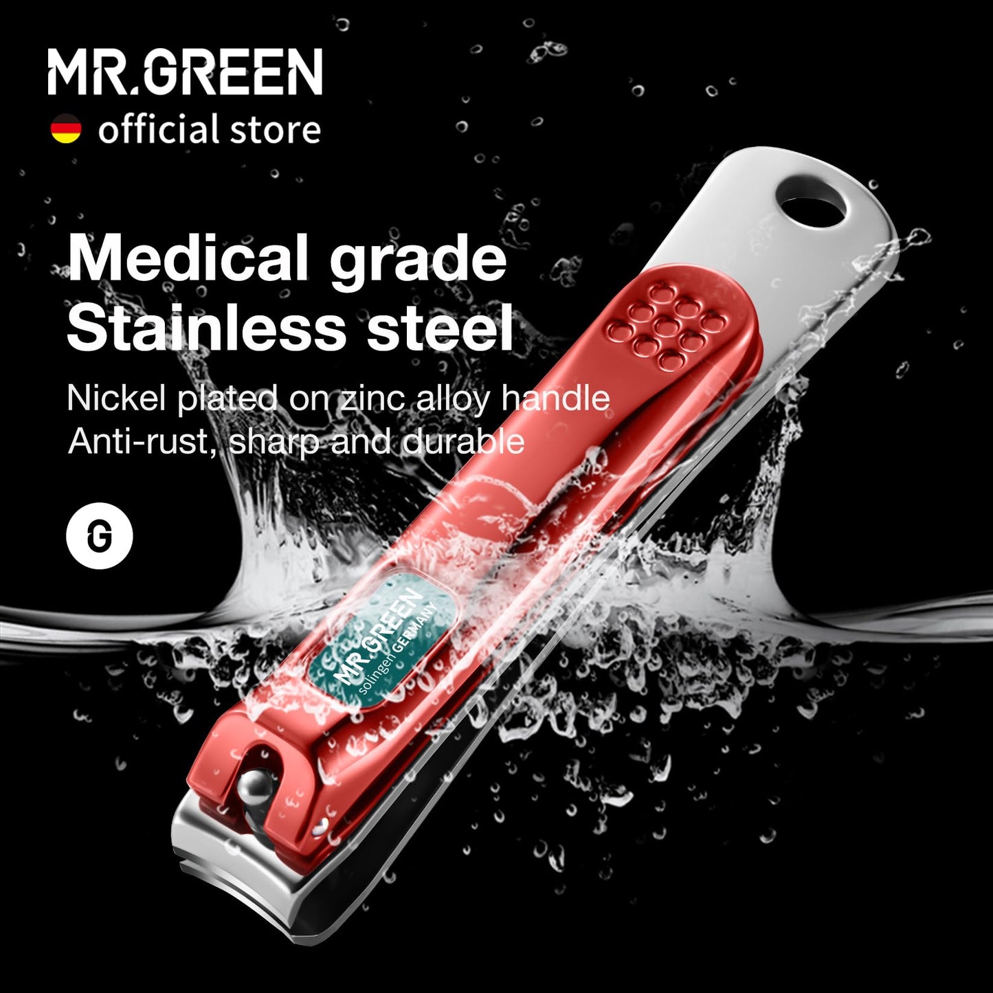 MR.GREEN Nail Clippers Curved Blades Fingernail Cutter Nippers Manicure Scissors Stainless Steel Pedicure Tools with Nail Flies (Medium-Red+Glass File)