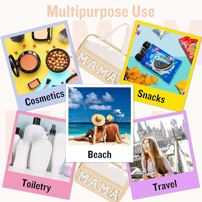 Preppy Clear Mama Makeup Bags with Chenille Letter Patches, Travel Essentials Large Clear Make up Bag Zipper Pouch with Handle, Waterproof Nylon Cosmetic Toiletry Storage Tote for Women (MAMA-Beige)