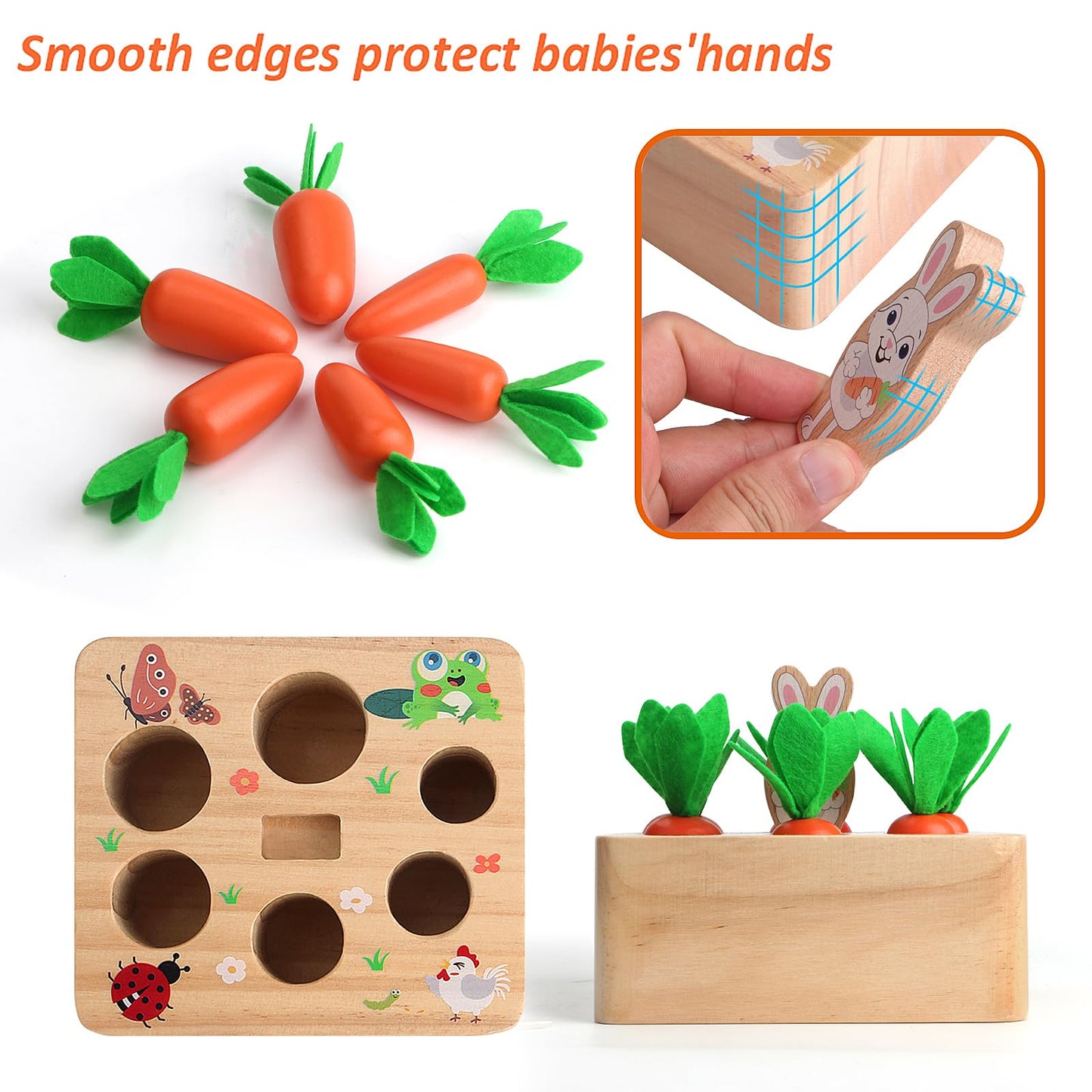 SKYFIELD Carrot Harvest Game Wooden Shape Sorting Puzzle for Baby Boys and Girls 1-3 Years, Montessori Gift Toy with 7 Sizes Carrots