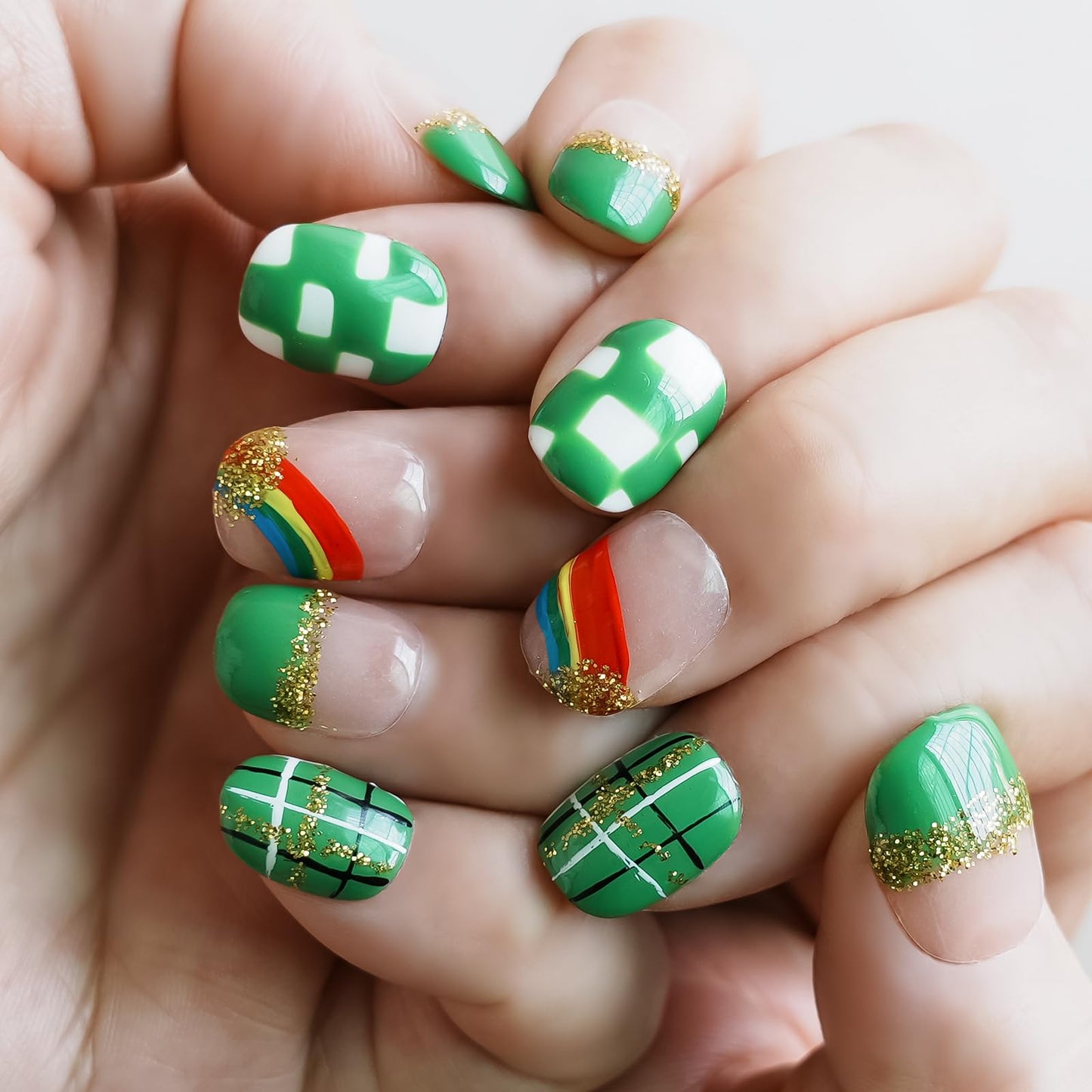 Tesytto Extra Short Press On Nails - Nude Base with Green French Tips & Gold Glitter, Hand-Painted Plaid & Rainbow,Easy to Apply & Remove (Size L)