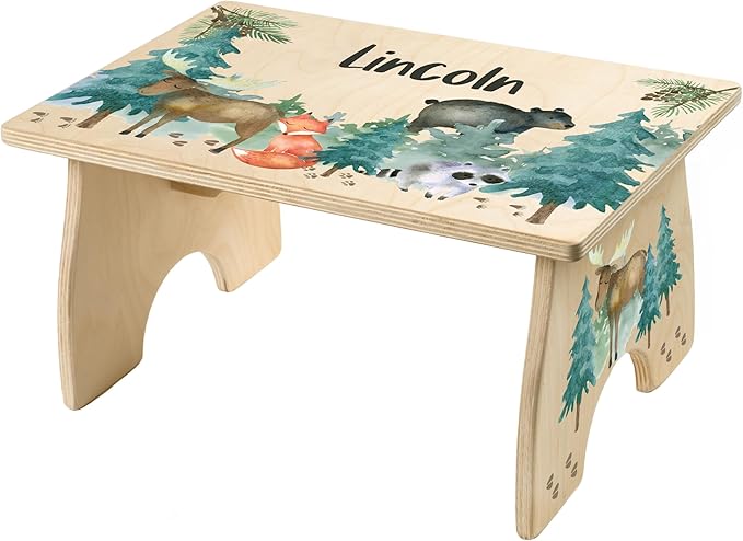 Step Stool for Toddlers- Personalized Wood Kids Step Stool with Name for Kitchen Sink, Bathroom, Potty Training, Toilet, Kitchen Sink- Sturdy and Safe- Made in USA by BloomOwl (Woodland Friends)