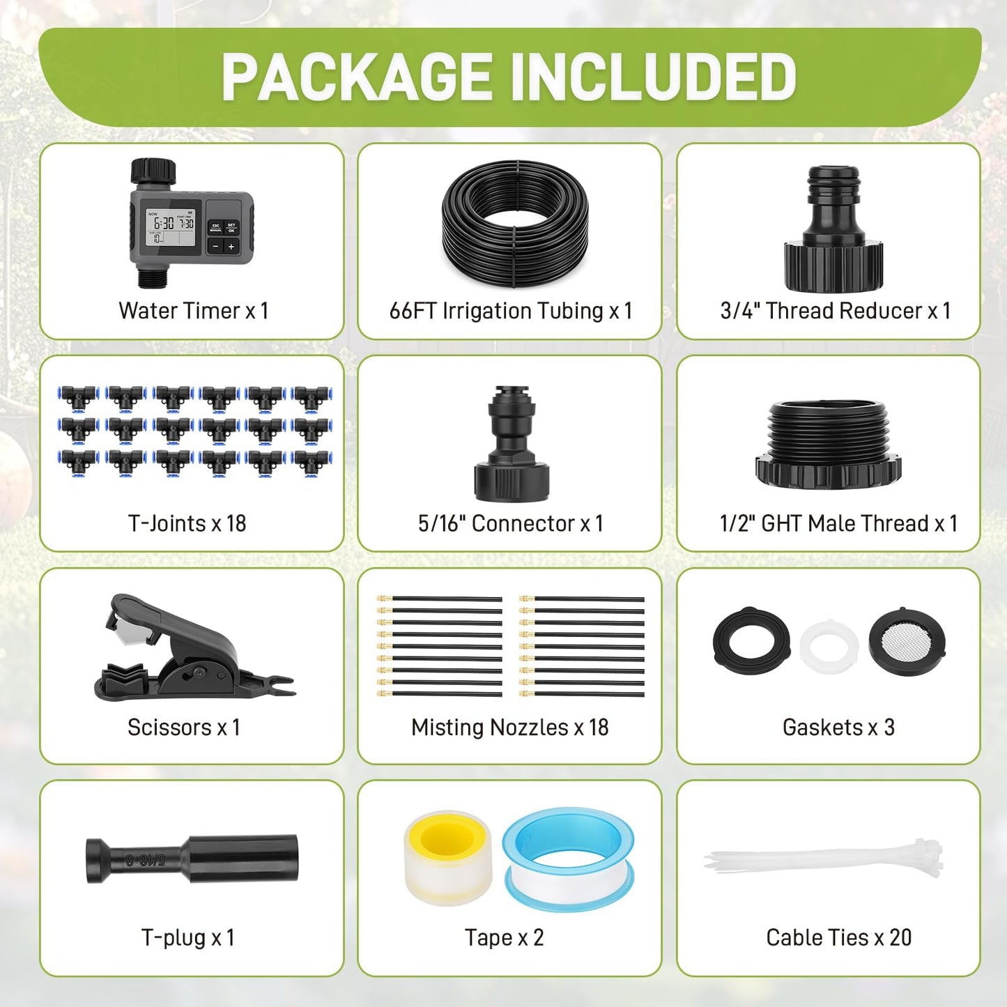 66FT Drip Irrigation Kit with Timer, Automatic Garden Watering System with Flexible 360° Bendable Hose & Adjustable Emitters, Drip Irrigation System for Greenhouse, Yard, Flower Bed, Lawn & Plants