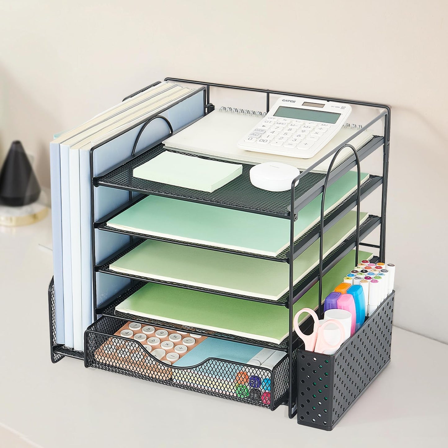 OUTIOE Desk Organizer with Drawer and Pen Holder, 5-Tier Paper Letter Tray Organizer with File Holder, Suitable for Workspace Organizer Office Supplies Storage (Black)