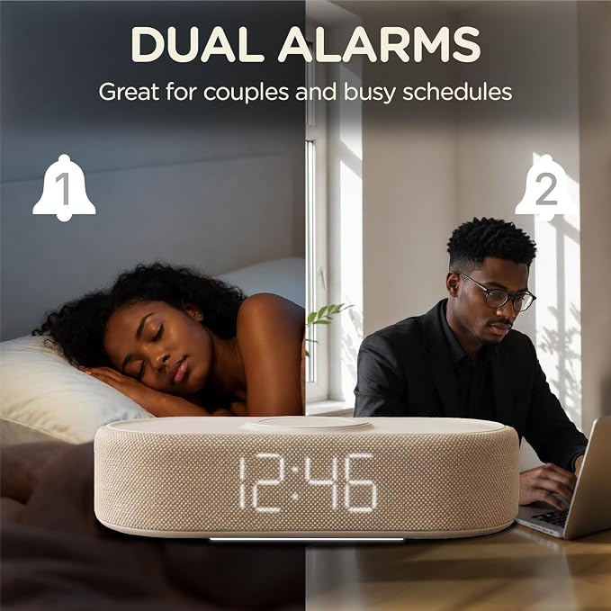 Fabric Digital Alarm Clock for Bedroom, Wireless Charging, Beige