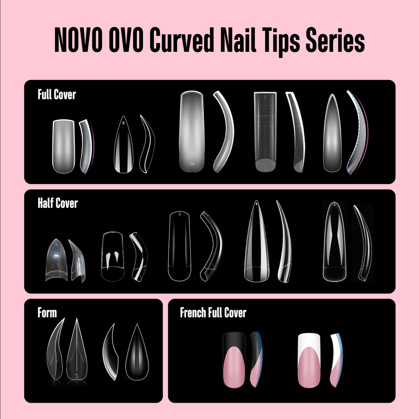 NOVO OVO Halloween Nail Tips Curved Stiletto, Clear Gel x Extension kit Half Cover Press on 3D Eagle Claw nails, Thick Extra Hawk Deep Curve Almond French Tips Soft False Acrylic Nail 504pc 12 Size
