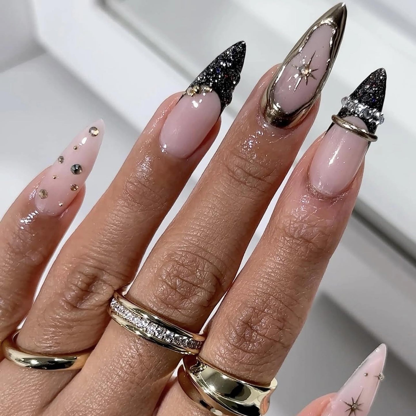 MISUD Press on Nails - Long Stiletto Fake Nails with Black French Tip, Acrylic Gold Chrome Star Design 24 pcs