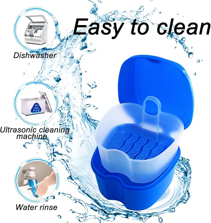 Dental Retainer Cup Holder Mouthguard Cleaning Case with Strainer Basket, Denture Bath Box Storage Cup Holder for Travel Cleaning - Dark Blue