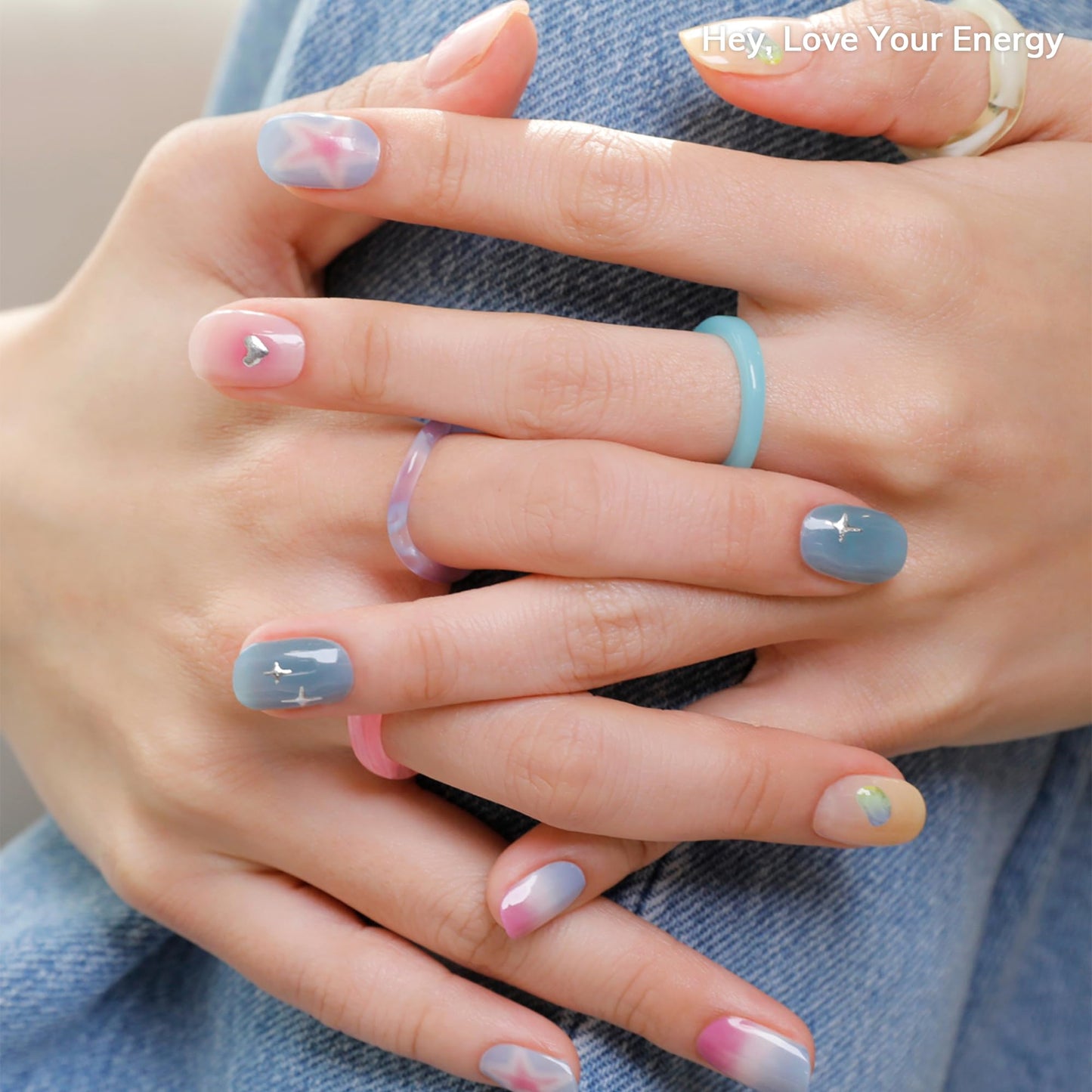 Heyhae Semi Cured Gel Nail Strips | No LED Lamp Needed | Marble, Spring | Easy Apply & Remove, Salon Quality | Includes 28 Strips, 1 Prep Pads, Nail File & Wooden Stick - Hey, Love Your Energy