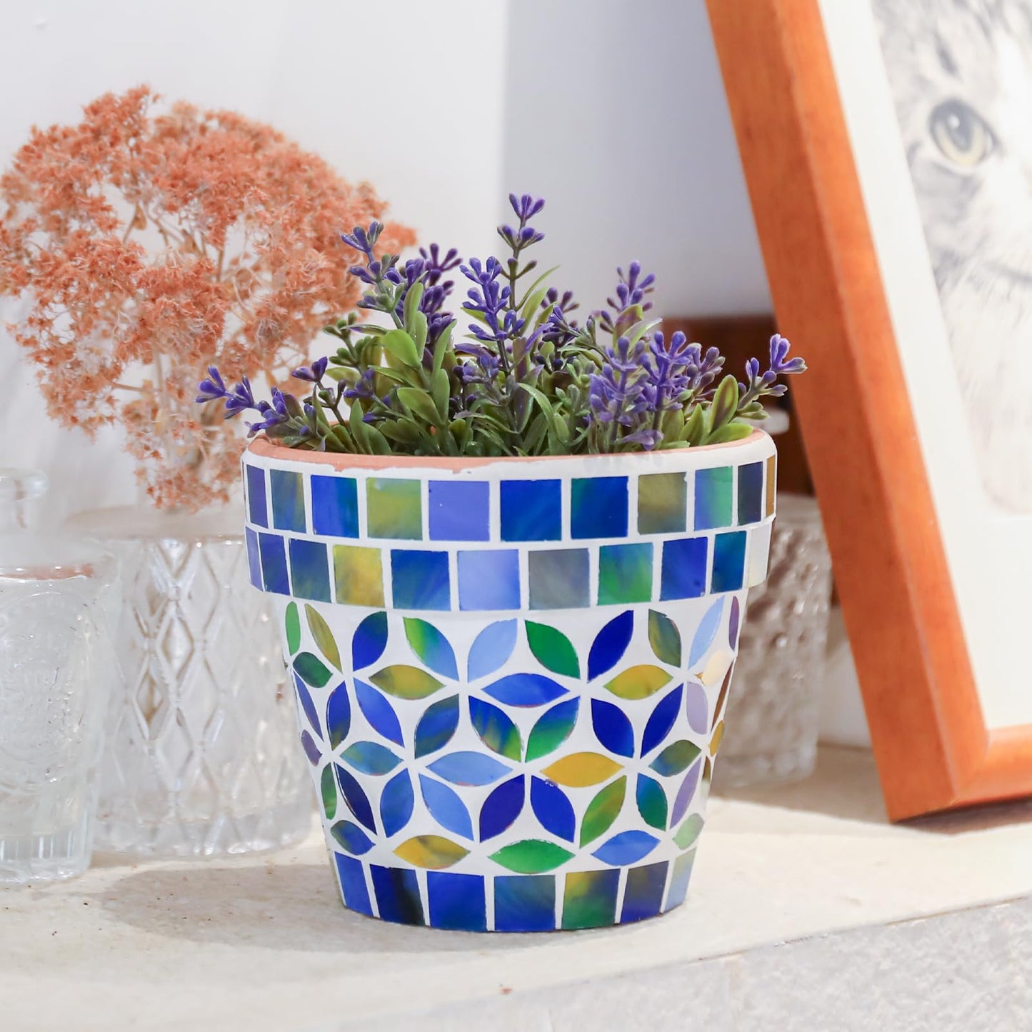 Chonsun Small Mosaic Plant Pot Flower Pots Ceramic Planter with Drainage Hole Small Ceramic Pot for Indoor Outdoor Plants Succulent Pots Blue with Flower Design