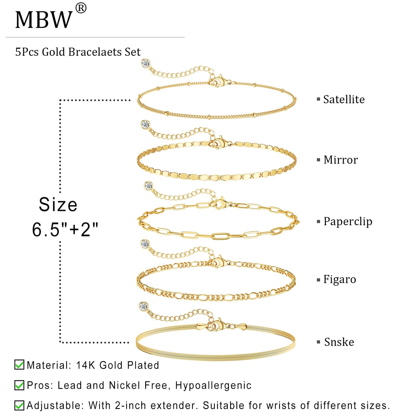 DEARMAY 14K Gold Plated Bracelets for Women Trendy Gold Jewelry Set for Women Cuban Link Chain Figaro Paperclip Rope Herringbone Bracelet Pack Gifts