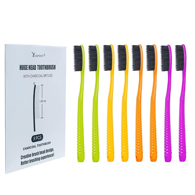 EasyHonor Huge Head Toothbrush, with Medium Soft Britles for Adult. (Charcoal Bristles,8 Packs)