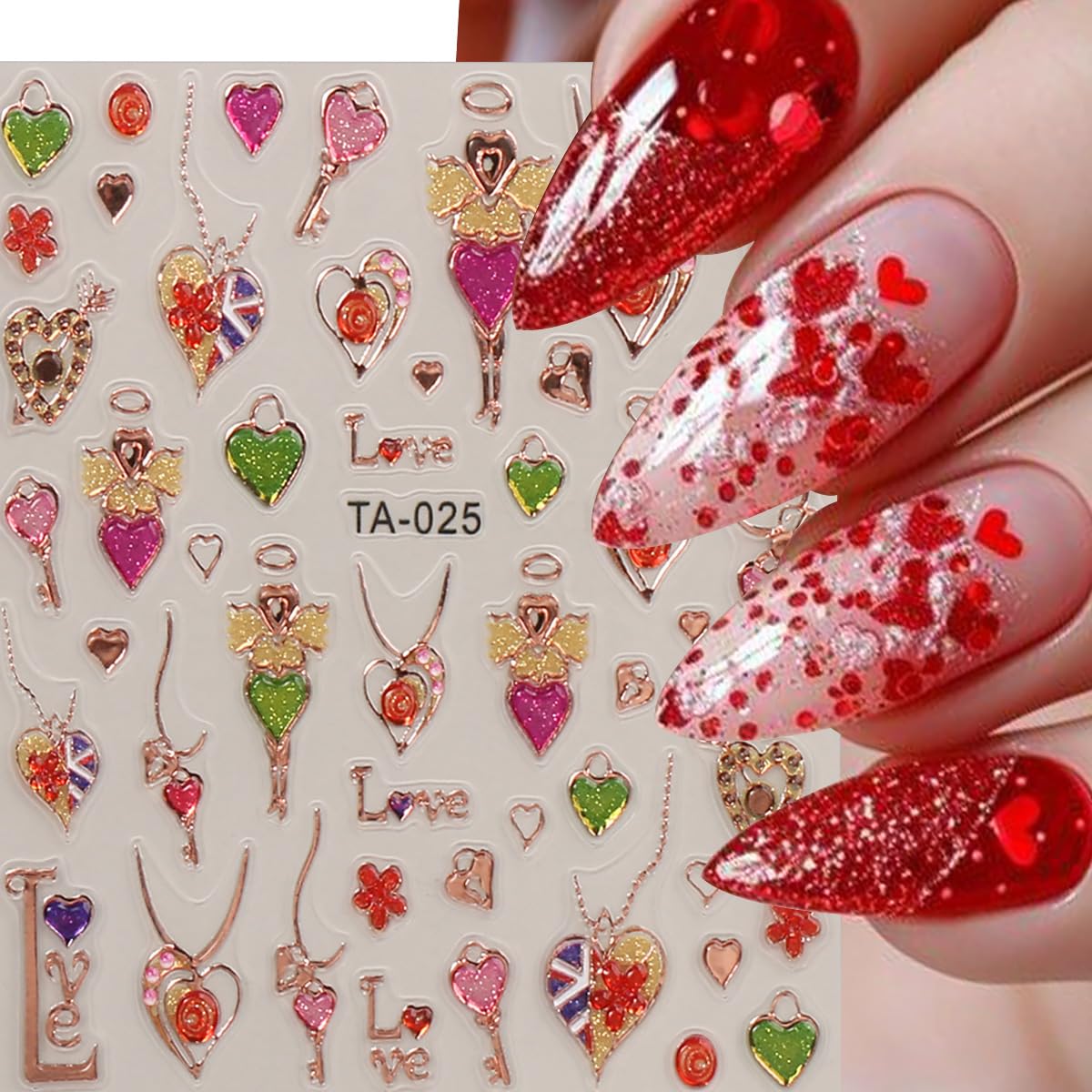 2 Sheets 5D Embossed Valentines Nail Art Stickers Glitter Pink Red Heart Bow Red Lips Nail Decals Love Key Chain Nail Design Stickers Self-Adhesive Romantic Valentine's Nails Supply for Women Manicure