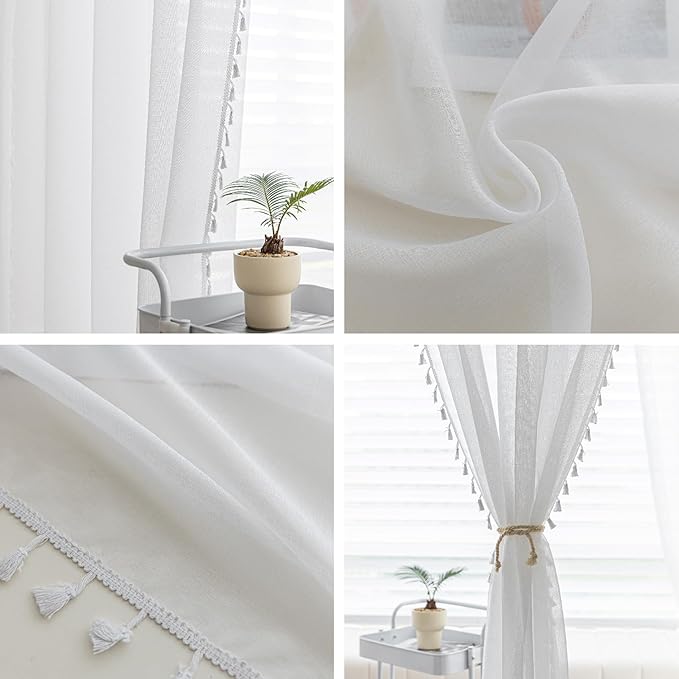 White Sheer Curtains 102 inch Long, Fringed Edges and Textured Semi Sheer Curtains Large Window Treatments for Living Room/Bedroom, 2 Panels