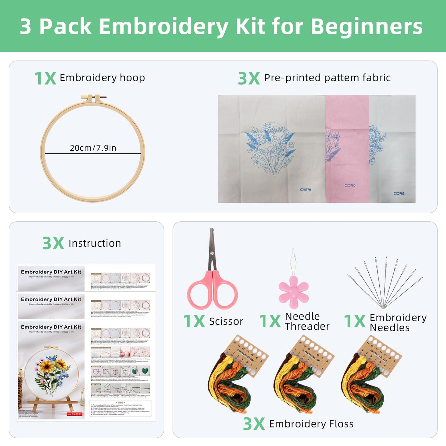 Herdiese 3PCS Embroidery Kit for Beginners with Floral Patterns – Cross Stitch Kits for Adults Including Hoop, Pre-Printed Fabrics, Threads, 9 Needles & Scissors – Easy Instructions