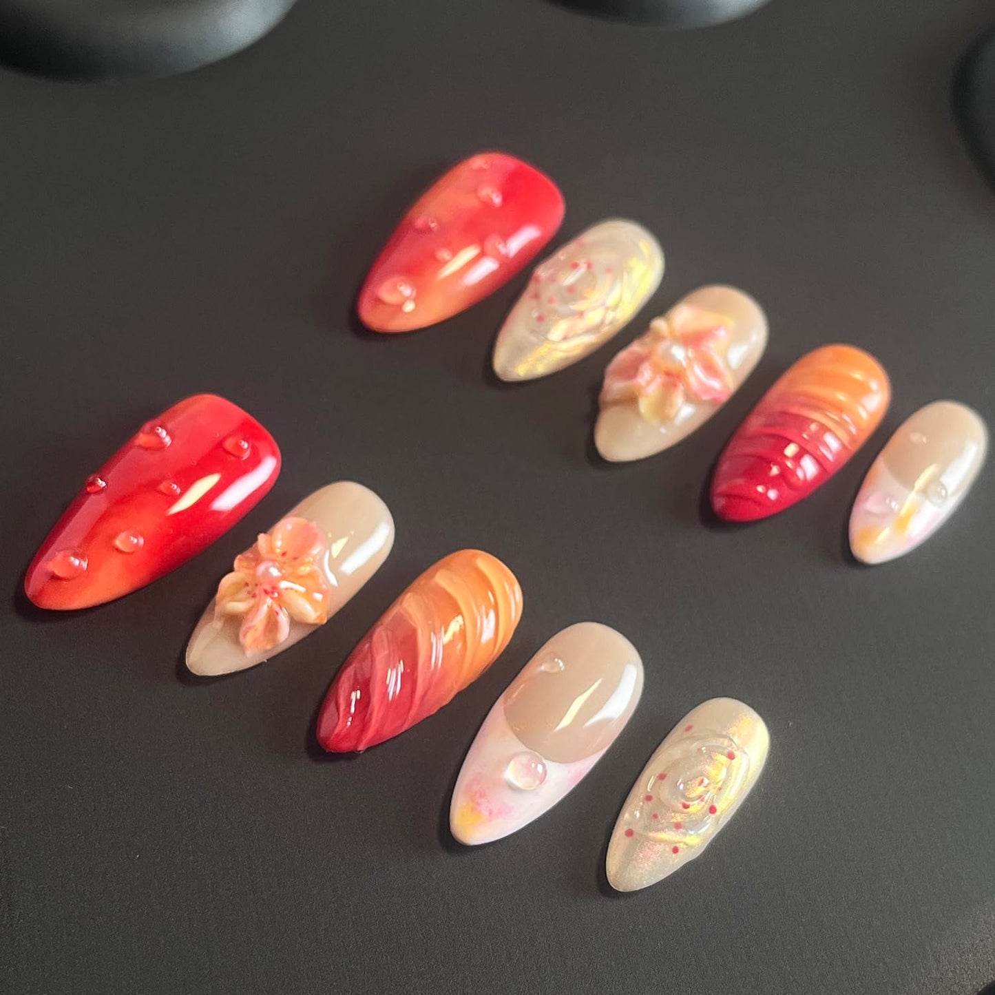 Luxury Press on Nails Medium Almond Handmade 3D Unique Reusable ABS Material Fake Nails Red&Orange False Nails with Designs Flower Water Drop Art Petal Glossy Glue on Thick Acrylic Nails(S)