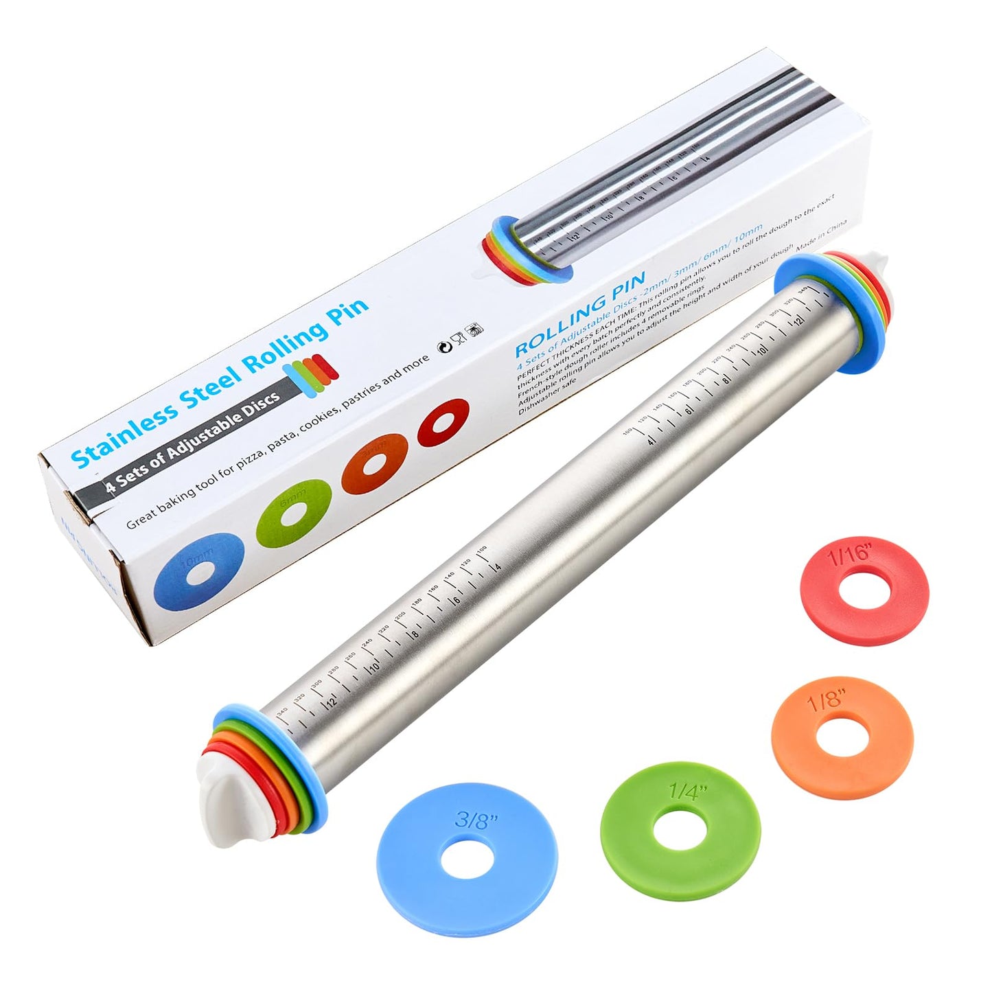 Adjustable Rolling Pin for Baking, with Thickness Rings Stainless Steel Dough Roller Pins for Pasta, Pizza, Pie Crust, Pastry and Cookie Making