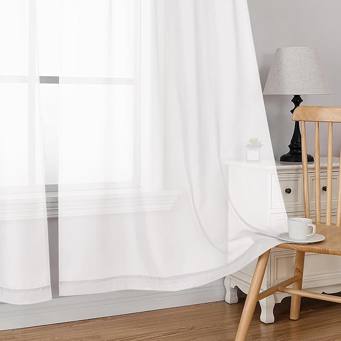 Simplebrand White Short Sheer Kitchen Cafe Curtains 36-42 Inch, Tier Rod Pocket, Half Window, Bathroom, 2 Panels