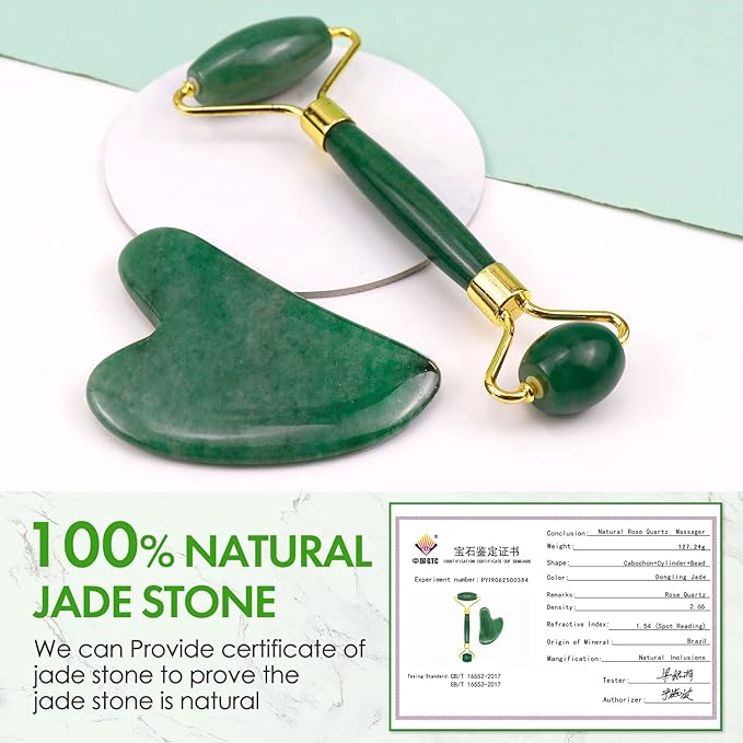Jade Roller & Gua Sha Set, 100% Natural Facial Roller and Body Massage Skin Care Tools for Beauty, Increase Blood Circulation, Lymphatic Drainage & Reduce Wrinkles and Puffiness - Dark Green