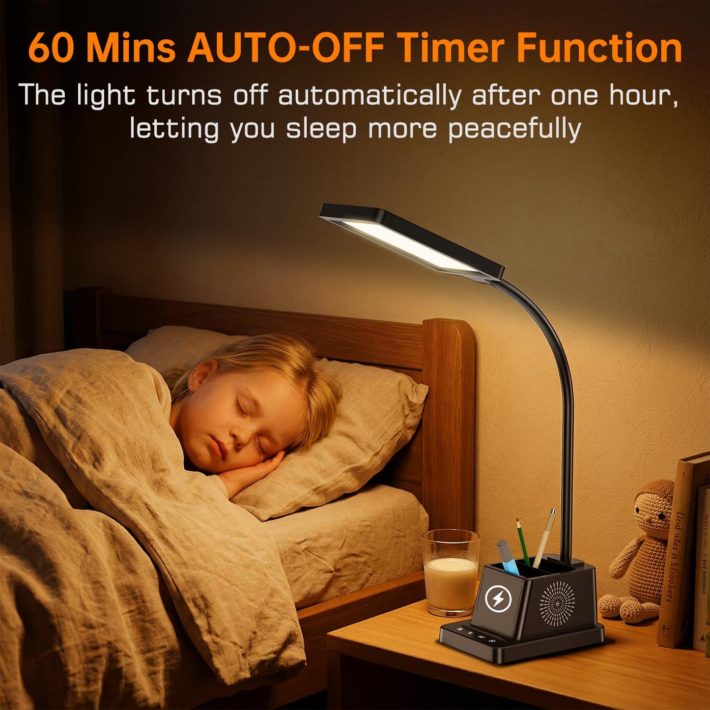 cozoo LED Desk Lamp for Home Office, 15W Bright Desk Light with Wireless Charger Pen Holder, Gooseneck Small Table Lamp for Bedroom, Study, Reading, Work, Task, Craft, College Dorm Room Accessories