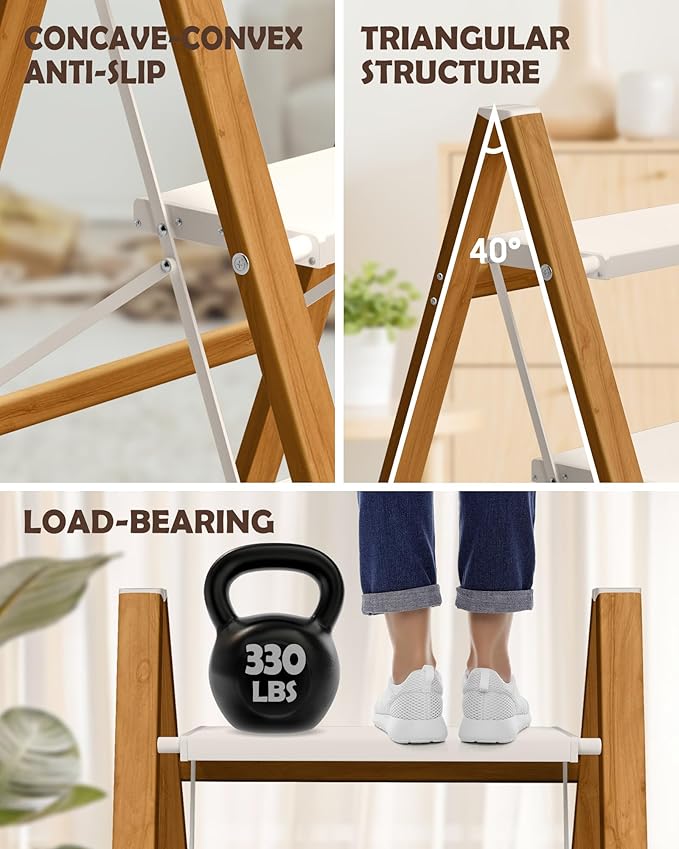 Taranta 3 Step Ladder,Aluminum Lightweight Folding 3 Step Stool with Anti-Slip Super Wide Pedal,330lbs Capacity Step Ladder for Household,Kitchen,Office - White Woodgrain